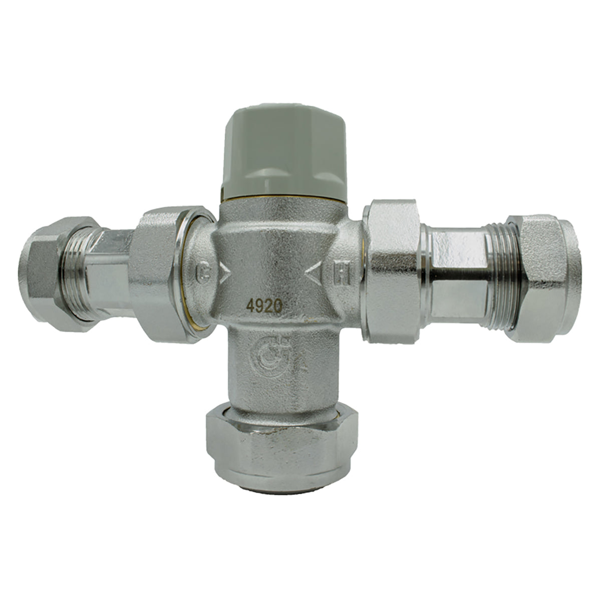 A 22mm Thermostatic Mixing Valve, primarily silver in color with chrome plating on the body, stainless steel spring, and EPDM seals on White Background